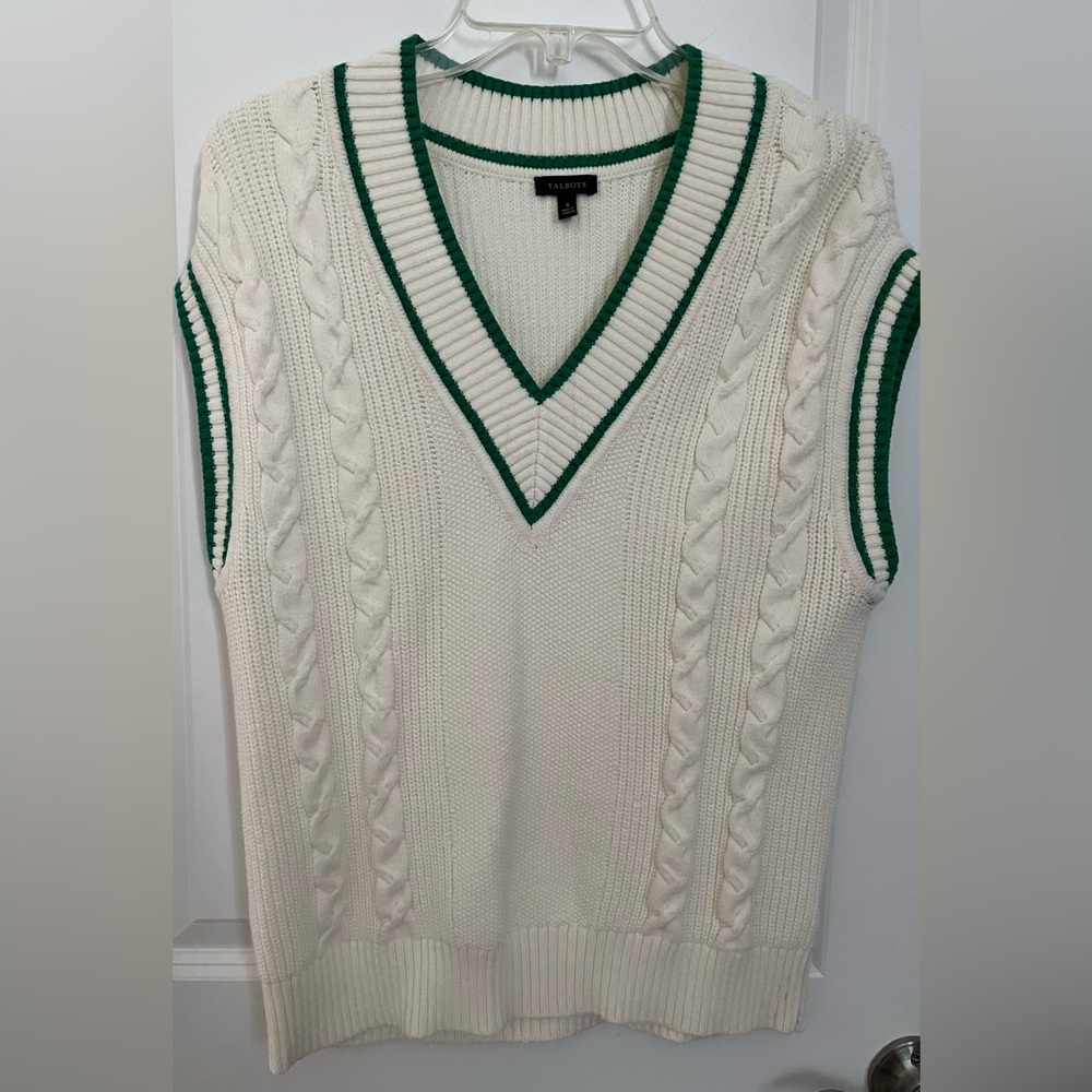 Talbots Cream Cable Knit Sweater Vest with Green Trim